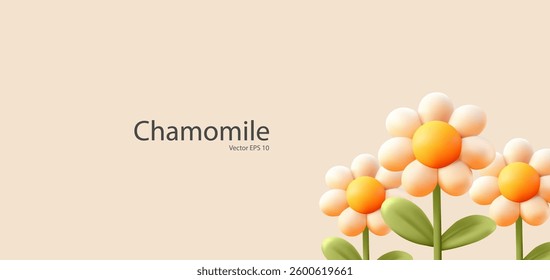 Banner with 3D daisies. Beautiful chamomile for advertising concepts. Natural, blooming, spring daisies. Vector illustration.