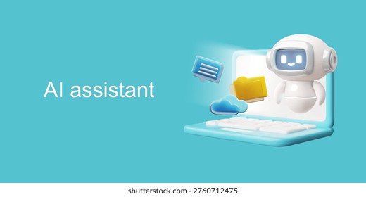 Banner with a 3D laptop, chatbot, latching, folders, cloud, and a speech bubble. Assistant robot, AI, storage, data, help, automation. Themes: office, education, work, technology. Vector. Render.