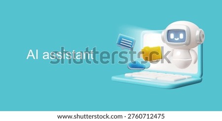 Banner with a 3D laptop, chatbot, latching, folders, cloud, and a speech bubble. Assistant robot, AI, storage, data, help, automation. Themes: office, education, work, technology. Vector. Render.