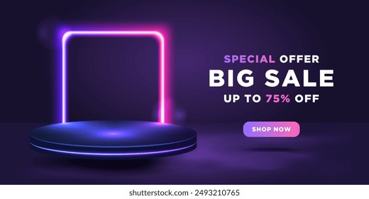 Ein Banner mit einem 3D Neonpodium für die Produktpräsentation. Großer Verkauf. Sonderangebot. Bis zu 75 % Rabatt.