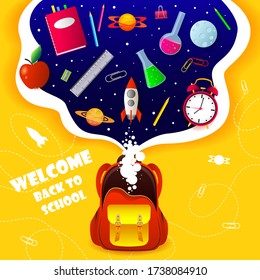 Banner with 3D Realistic Blue Backpack and School Supplies Like Notebooks, Pen, Pencil, Colors, Ruler, Magnifying. School supplies cartoon illustration.