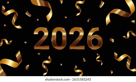 Banner with 3d realistic confetti from party poppers, flying gold ribbon, serpentine streamers on black background, fireworks for new year celebration with empty space. Golden 2026 Vector EPS10
