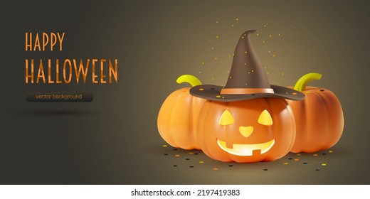 Banner with 3D realistic glowing pumpkin with a smiling face and a witch hat. Vector background with illustration of orange gourds and a copy space for Halloween