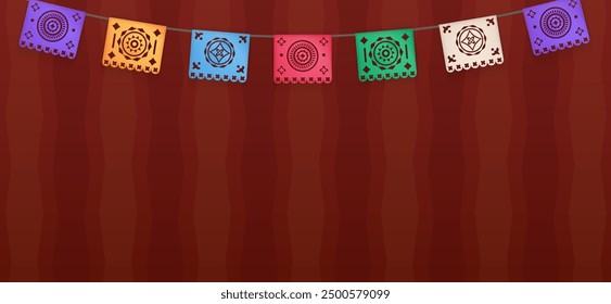 Anuncio con papel picado realista en 3D, una artesanía decorativa tradicional mexicana hecha de papel cortado en diseños intrincados. Buntings, guirnaldas para celebraciones sobre fondo marrón con patrón hispano