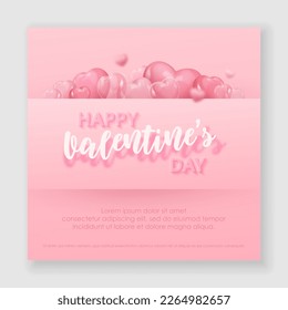 Banner with 3d realistic pink hearts hiding behind a pink paper sheet. Vector illustration for Valentines day, discount card, party, design, flyer, poster, decor, banner, web, advertising. 