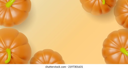 Banner with 3D realistic pumpkins on a top view and a copy space. Vector background with illustration of orange vegetables with a place for text