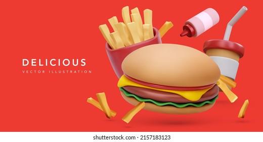Banner with 3d realistic render burger and coffee cup, fries potatoes, ketchup isolated on red background. Vector illustration