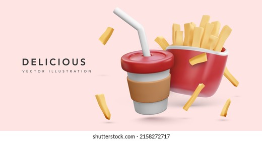 Banner with 3d realistic render coffee cup and fries potatoes isolated on pink background. Vector illustration