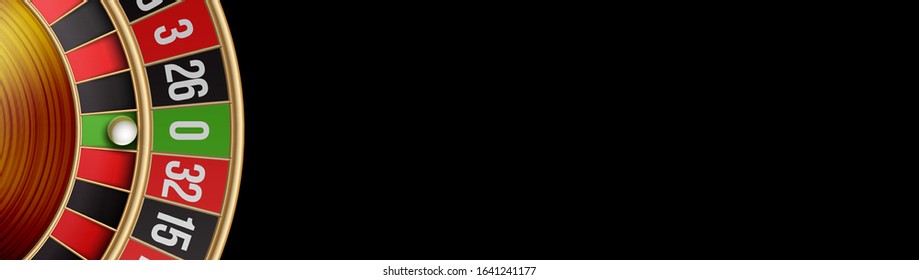 banner 3d realistic roulette game isolated on black background with empty place for text. blank poster template with ball at zero to American roulette wheel design