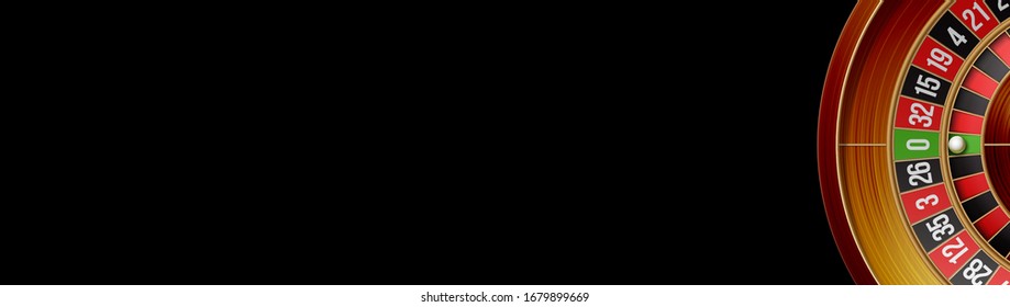 banner 3d realistic roulette game isolated on black background with empty place for text. blank poster template with ball at zero to American roulette wheel design