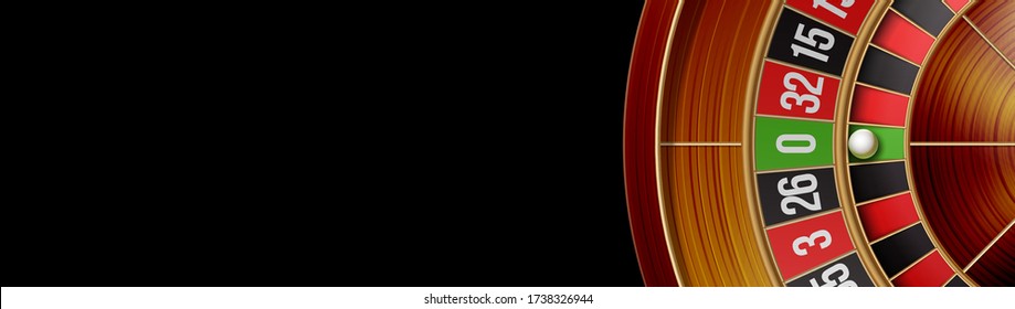 banner 3d realistic roulette game isolated on black background with empty place for text. blank poster template with ball at zero to American roulette wheel design