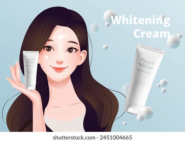 A banner with 3d whitening cream package, showcasing a realistic beautiful young woman with flawless skin. Beauty and skincare products, ideal for advertisements and packaging. Not AI.