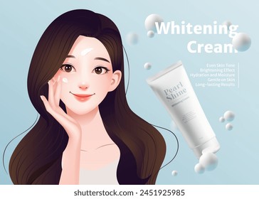 A banner with 3d whitening cream package, showcasing a realistic beautiful young woman with flawless skin. Beauty and skincare products, ideal for advertisements and packaging. Not AI.