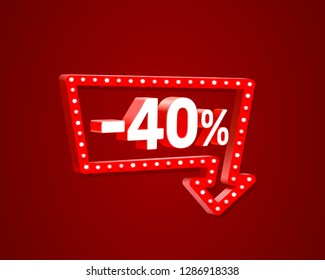 Banner 40 off with share discount percentage, neon signboard arrow. Vector illustration