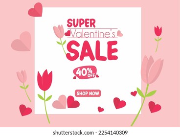 Banner 40% off super valentine's day sale. Forty percent off with hearts, flowers and square in a pink background	