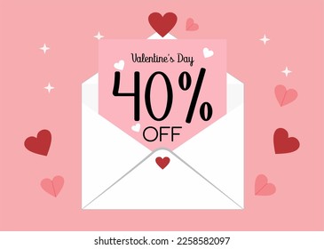 Cartel 40% de la promoción del día de San Valentín. 40% de descuento en una carta sobre con corazones en un fondo rosado