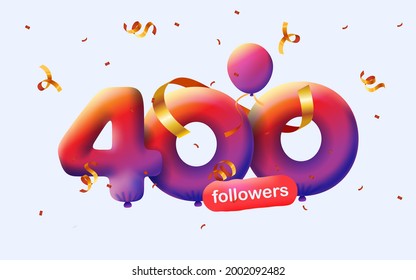 banner with 400 followers thank you 3d Purple Violet balloons and colorful confetti. Vector illustration 3d numbers for social media 400 followers thanks, Blogger celebrating subscribers, likes