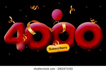 banner with 4000 followers thank you in form of 3d Red balloons and colorful confetti. Vector illustration 3d numbers for social media 4K followers thanks, Blogger celebrating subscribers, likes