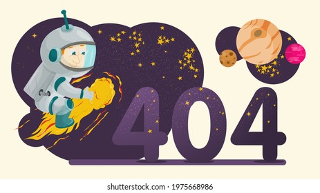 Banner 404 error illustration for flat design, figures in the form of outer space, a man in a spacesuit flying on a meteorite