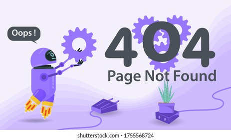 Banner, 404 error, page not found, Internet connection problems, flying robot carries a gear to the numbers, for websites and mobile apps, Flat vector illustration