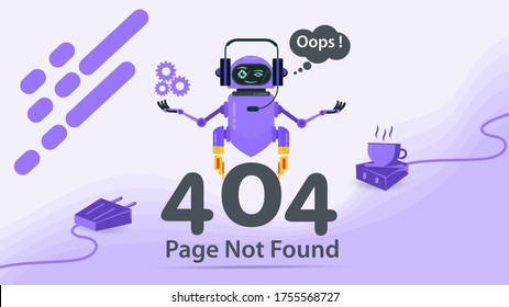 Banner, 404 error, page not found, Internet connection problems, robot levitating over numbers, hands up, for websites and mobile apps, Flat vector illustration