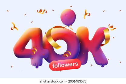 banner with 40K followers thank you in form of 3d blue balloons and colorful confetti with social twitter media sign. Vector illustration 3d numbers for social media 40000 followers, concept of blogge