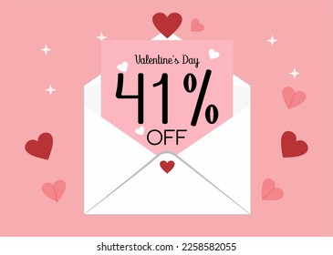 Banner 41% off valentine's day promotion. Forty one percent discount on a envelope letter with hearts in a pink background