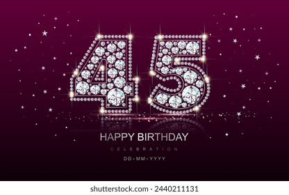 Banner 45 cuarenta y cinco años aniversario de números de joyería de diamantes con serpentina. Ilustración realista 3d. Vector.