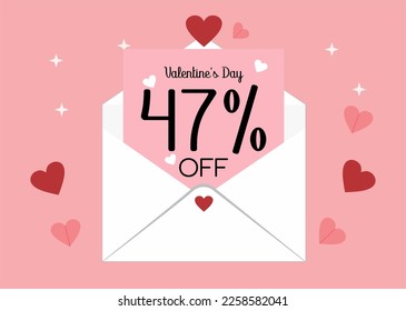 Banner 47% off valentine's day promotion. Forty seven percent discount on a envelope letter with hearts in a pink background