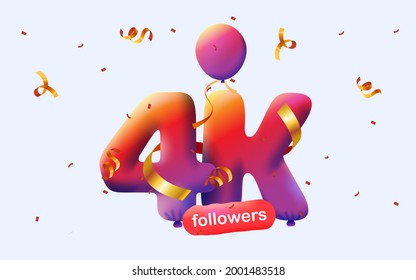 banner with 4K followers thank you in form of 3d blue balloons and colorful confetti with social media sign. Vector illustration 3d numbers for social media 4000 followers, concept of blogger 