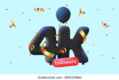 banner con 4,000 seguidores gracias en forma de globos azules 3d y confeti colorido con signos de medios sociales. Ilustración vectorial 3d números para medios sociales 4000 seguidores, concepto de blogger 