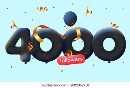 banner with 4K followers thank you in form of 3d black balloons and colorful confetti. Vector illustration 3d numbers for social media 4000 followers thanks, Blogger celebrating subscribers, likes