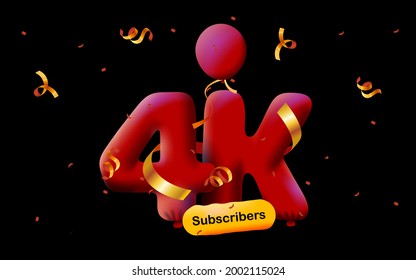 banner con 4,000 seguidores gracias en forma de globos rojos 3d y confetti colorido. Ilustración vectorial 3d números para medios sociales 4000 seguidores gracias, Blogger celebrando suscriptores, me gusta