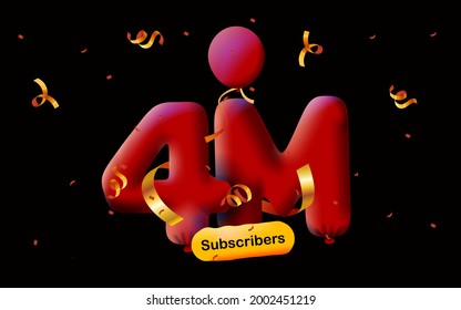 banner with 4M followers thank you in form of 3d Red balloons and colorful confetti. Vector illustration 3d numbers for social media 4000000 followers thanks, Blogger celebrating subscribers, likes