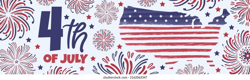 Banner for 4th of July, Independence Day.  Artistic hand drawn paintbrush map contour of USA with american flag red and blue lines and stars, different fireworks.  Long horizontal vector banner design