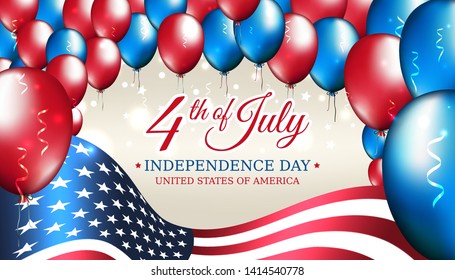 Banner 4th of july usa independence day, vector template with american flag and colored balloons on blue shining starry background. Fourth of july, USA national holiday