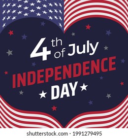 Banner 4th of july usa independence day, heart shaped american flag frame template. Fourth of july, USA national holiday. Dark background with stars. Vector illustration, poster