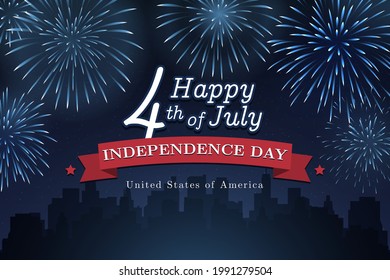 Banner 4th of july usa independence day, vintage template with fireworks on starry sky and cityscape background. Fourth of july, USA national holiday. Vector illustration, retro poster