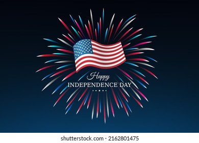 Banner 4th of july usa independence day, template with american flag on sky background and colorful fireworks. Fourth of july, USA national holiday. Vector illustration, poster