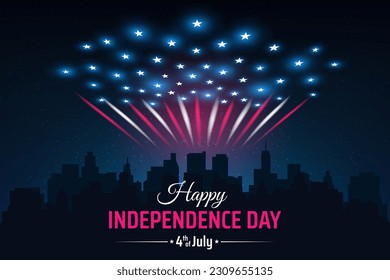Banner 4th of july usa independence day, poster with colorful fireworks on dark sky background. Fourth of july, American national holiday. USA flag fireworks over cityscape. Vector illustration