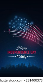 Banner 4th of july usa independence day. US flag fireworks over cityscape. Fourth of july, american national holiday. Poster with colorful fireworks on dark sky background. Vector illustration