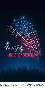 Banner 4th of july usa independence day. US flag fireworks over cityscape. Fourth of july, american national holiday. Poster with colorful fireworks on dark sky background. Vector illustration