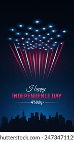 Banner 4th of july usa independence day. USA flag fireworks over cityscape. 4 july. Poster with fireworks on dark sky background. Fourth of july, american national holiday. Vector illustration