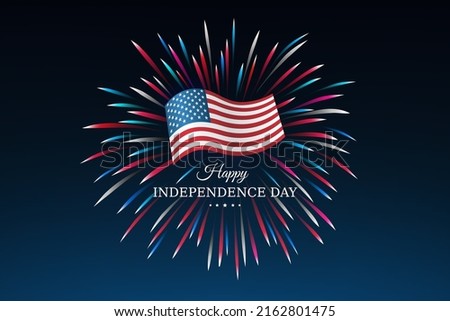 Banner 4th of july usa independence day, template with american flag on sky background and colorful fireworks. Fourth of july, USA national holiday. Vector illustration, poster