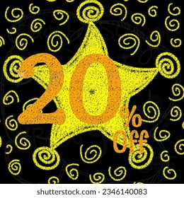Banner up to 5 10 15 20 25 30 35 40 45 50 60 70 80 90 percent off with yellow star chalk-style 