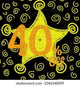 Banner up to 5 10 15 20 25 30 35 40 45 50 60 70 80 90 percent off with yellow star chalk-style 