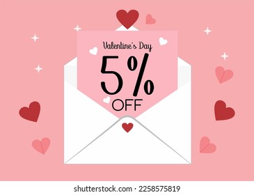 Banner 5% off valentine's day promotion. Five percent discount on a envelope letter with hearts in a pink background