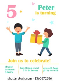 Banner 5 Peter is Turning Join us to Celebrate. Vector Illustration on White Background. An Invitation to Events Indicating Time, Address and Contact Phone. Children are Happy Holiday.