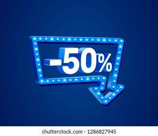 Banner 50 off with share discount percentage, neon signboard arrow. Vector illustration