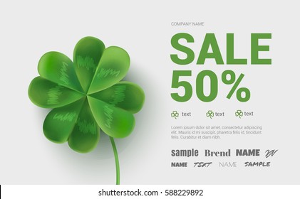 Banner 50 % off for the St. Patrick's Day. Template of banner with clover. Flyer with clover can be used in promotions , websites, in stores.